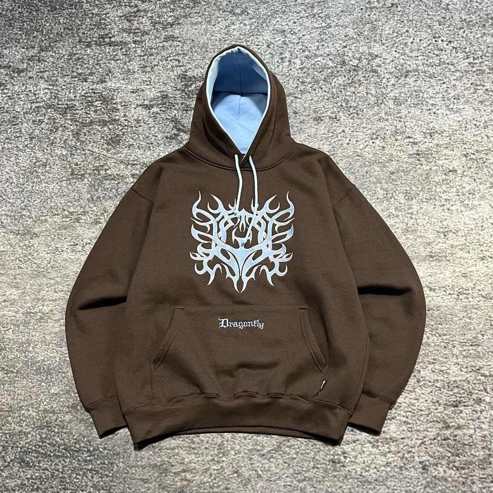 Vintage Y2K Dragonfly Hoodie Sweatshirt Medium Brown Blue Tribal‎ Embroidered